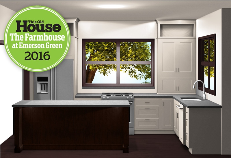 computer rendering of kitchen with dark island cabinets, light gray wall cabinets and logo this old house idea house 2016 the farmhous at emerson green