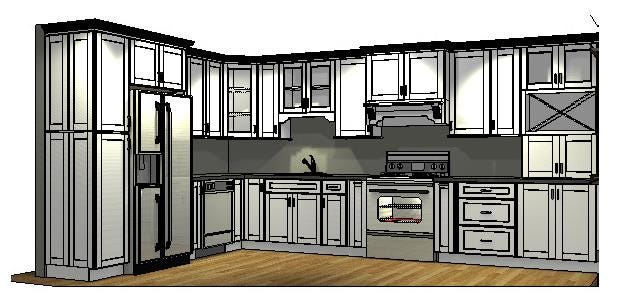 computer-generated rendering of kitchen with glass door cabinets