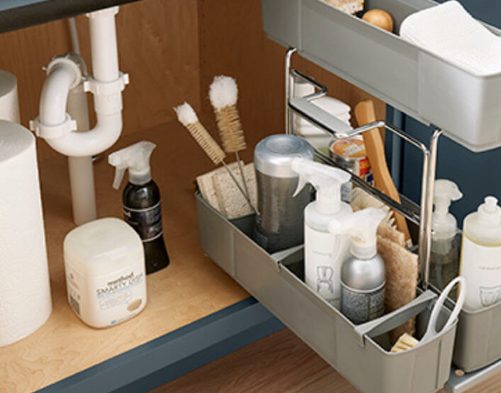 Organize cleaning supplies with pull-out racks, tilt-outs and more.