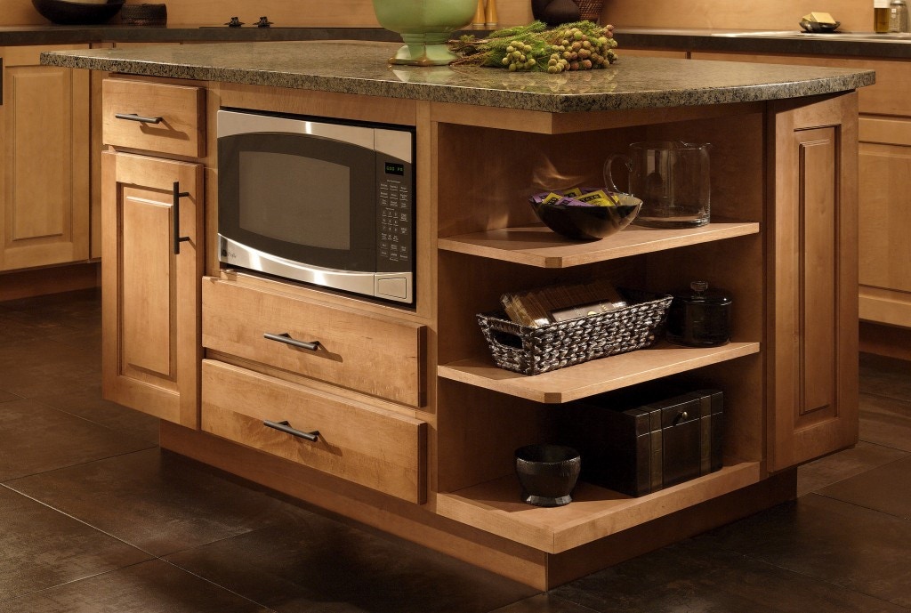 Island under counter microwave shelf with maple kitchen cabinets