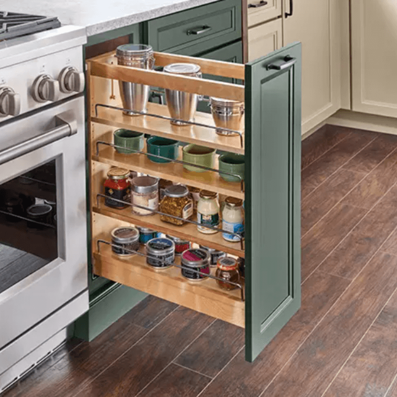 CliqStudios Pull-Out Cabinet Storage for spices with three adjustable wood shelves and chrome rails. 