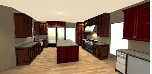 computer generated image of red cabinets in kitchen island