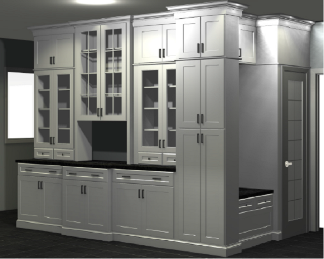 computer rendering of buffet wall and boot bench created from semi custom cabinets