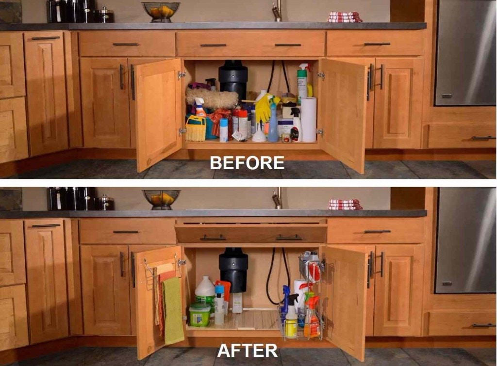 sink base cabinet with doors open in before image has piles of clutter in after image is well organized neat and clean