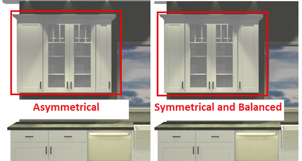 side by side renderings of a kitchen wall, one with awkward-width cabinets, the other balanced and symmetrical